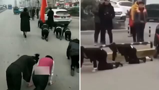 چهار دست و پا راه بردن کارمندان زن در خیابان!